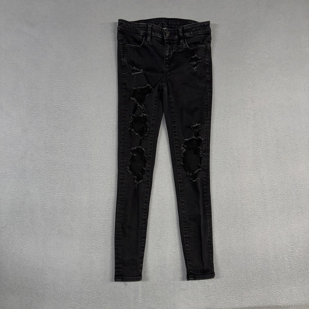 American Eagle Jeans Womens 2 Black Jegging Distressed Denim Stretch Preppy